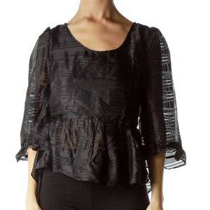 Line & Dot Black Open Back 100% Silk Peplum Blouse Size Medium
